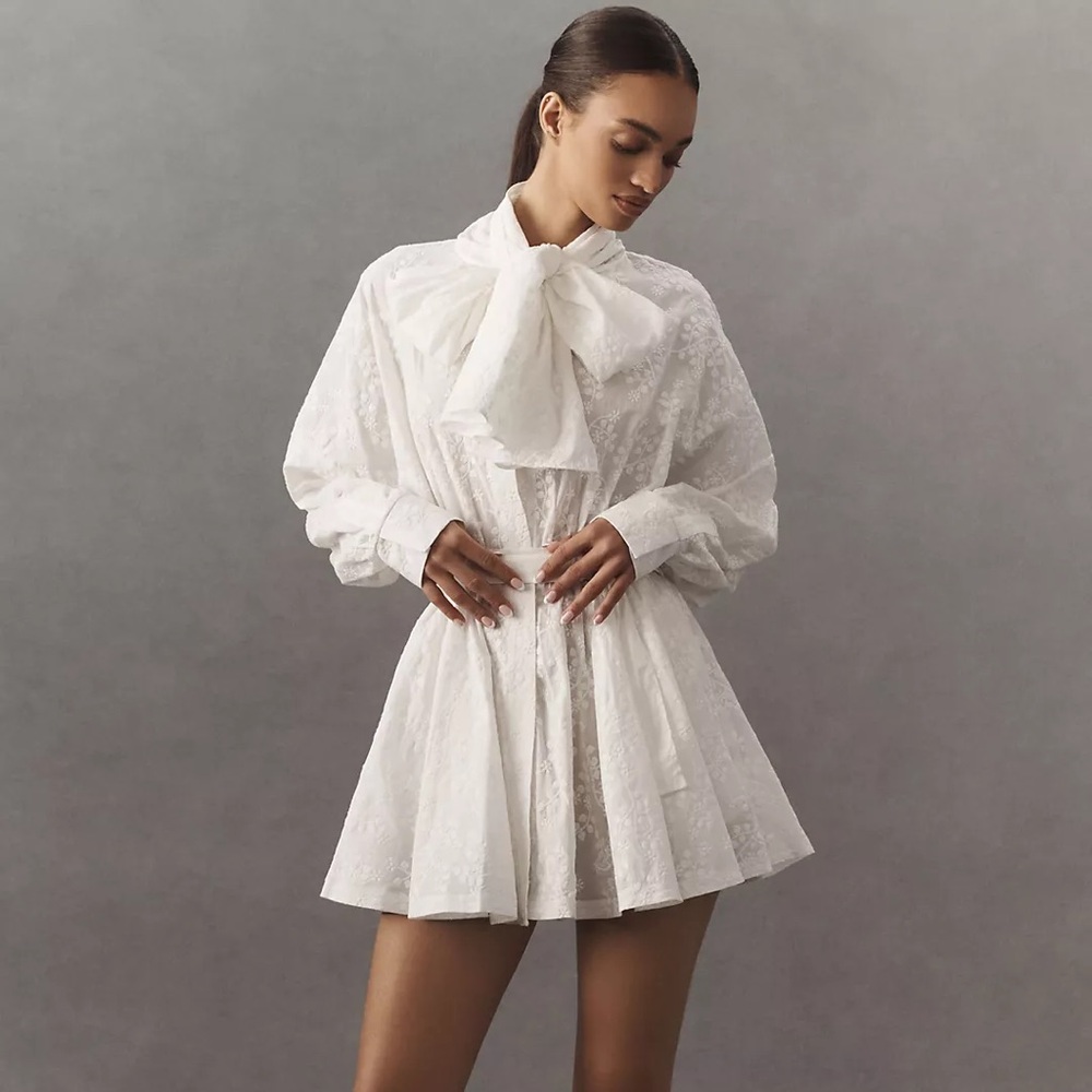 Norma Kamali Long-Sleeve Oversized Bow-Neck Mini Shirt Dress